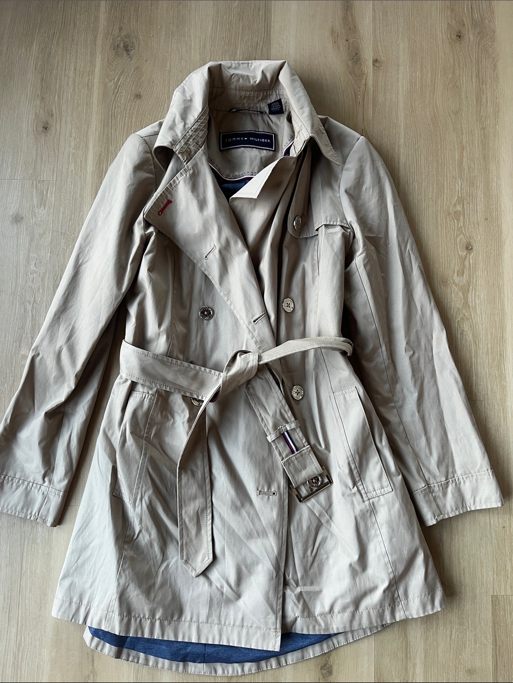 Tommy Hilfiger Khaki Double-Breasted Trench Coat with Belt and removeable hood